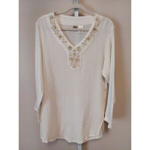 Islander Womens White Cotton Gauze Embroidered Sequin Tunic Top S Resort Beach